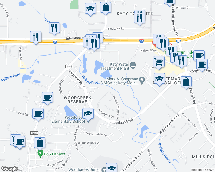 map of restaurants, bars, coffee shops, grocery stores, and more near 3 Kingsland Boulevard in Katy