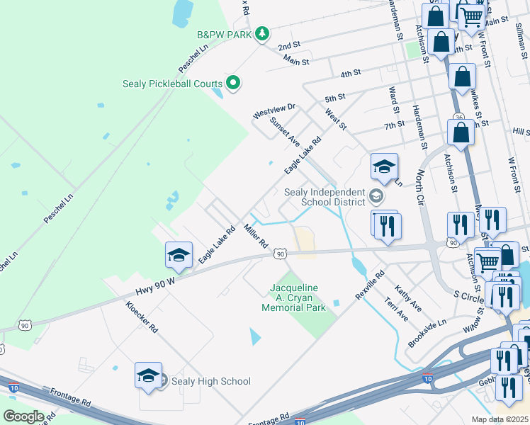 map of restaurants, bars, coffee shops, grocery stores, and more near 1400 Eagle Lake Road in Sealy