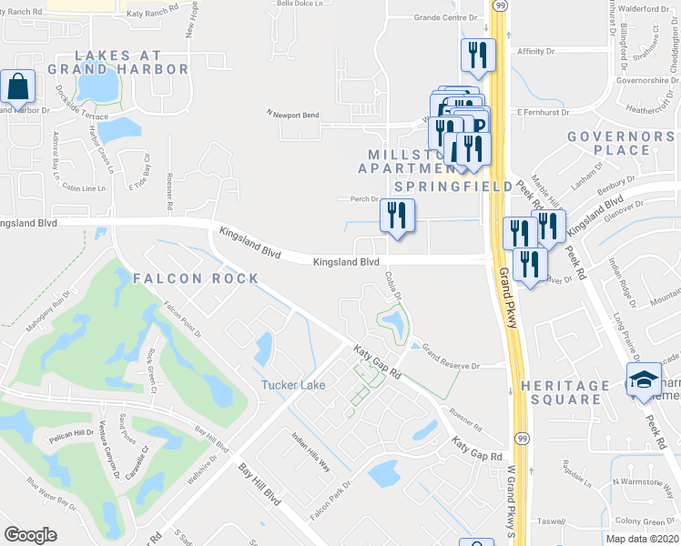 map of restaurants, bars, coffee shops, grocery stores, and more near 23543 Kingsland Boulevard in Katy