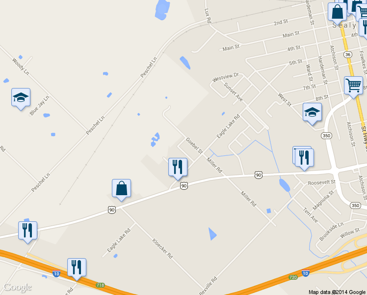 map of restaurants, bars, coffee shops, grocery stores, and more near 1002 Gunnison Street in Sealy