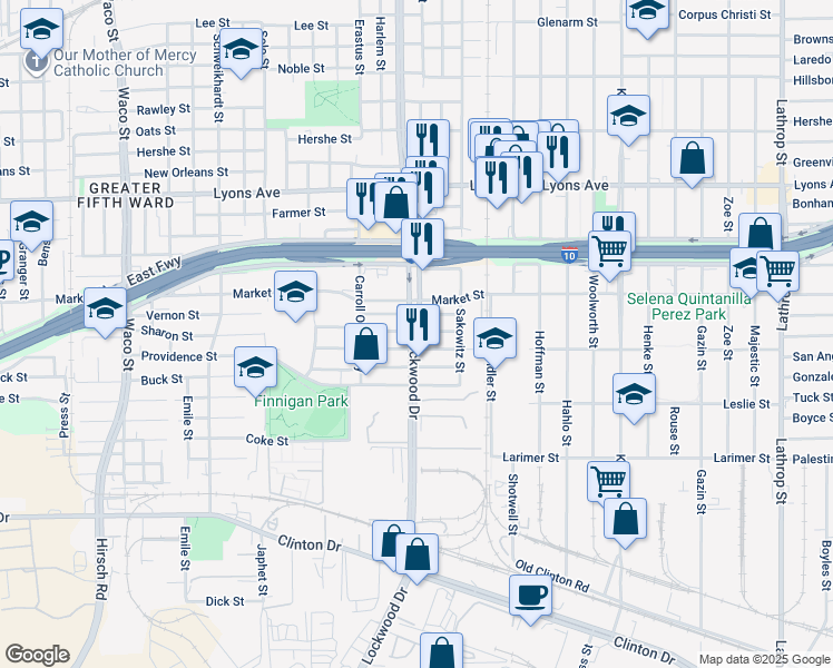 map of restaurants, bars, coffee shops, grocery stores, and more near 5432 San Jose Street in Houston