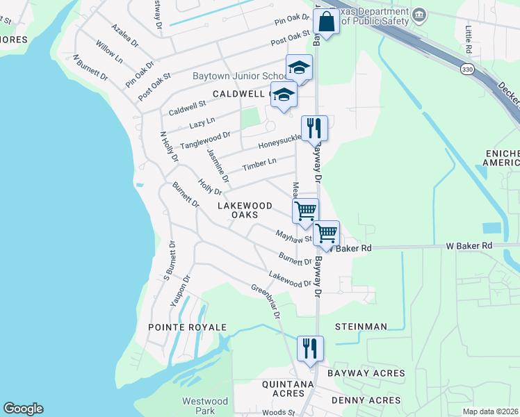 map of restaurants, bars, coffee shops, grocery stores, and more near 219 Hackberry Street in Baytown