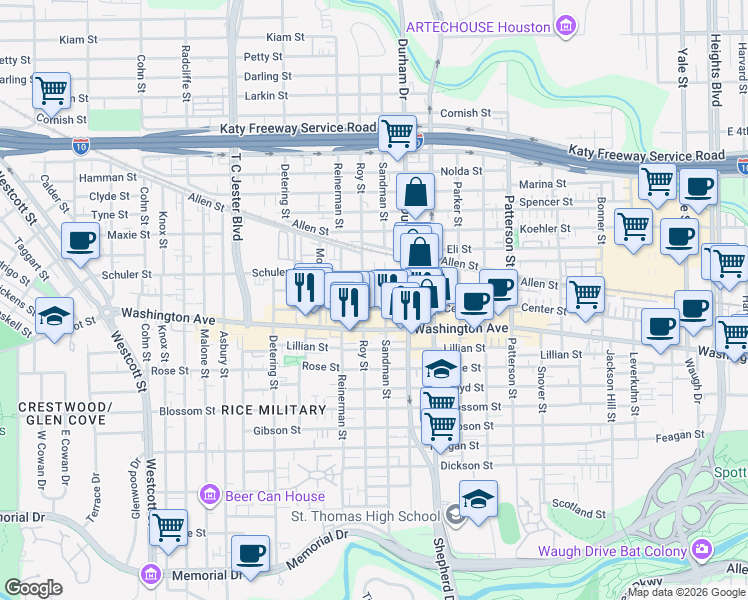 map of restaurants, bars, coffee shops, grocery stores, and more near 1100 Roy Street in Houston