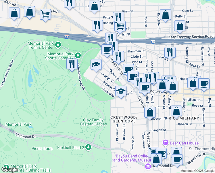 map of restaurants, bars, coffee shops, grocery stores, and more near 6501 Pickens Street in Houston
