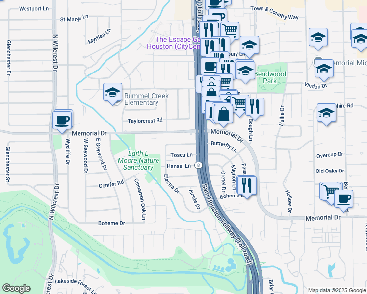 map of restaurants, bars, coffee shops, grocery stores, and more near 12930 Butterfly Lane in Houston