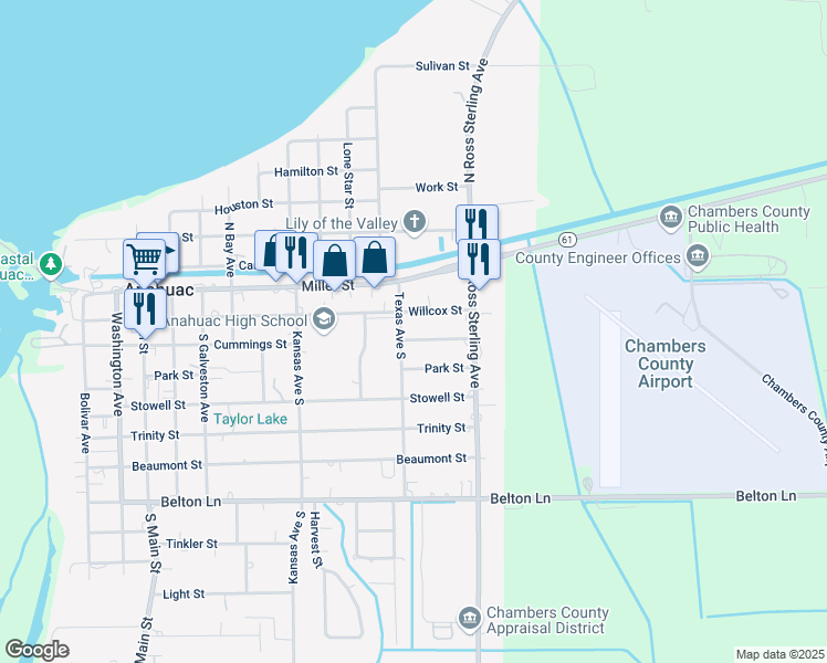 map of restaurants, bars, coffee shops, grocery stores, and more near 1206 Willcox Street in Anahuac
