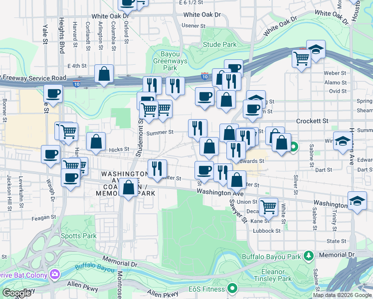 map of restaurants, bars, coffee shops, grocery stores, and more near 1505 Oliver Street in Houston