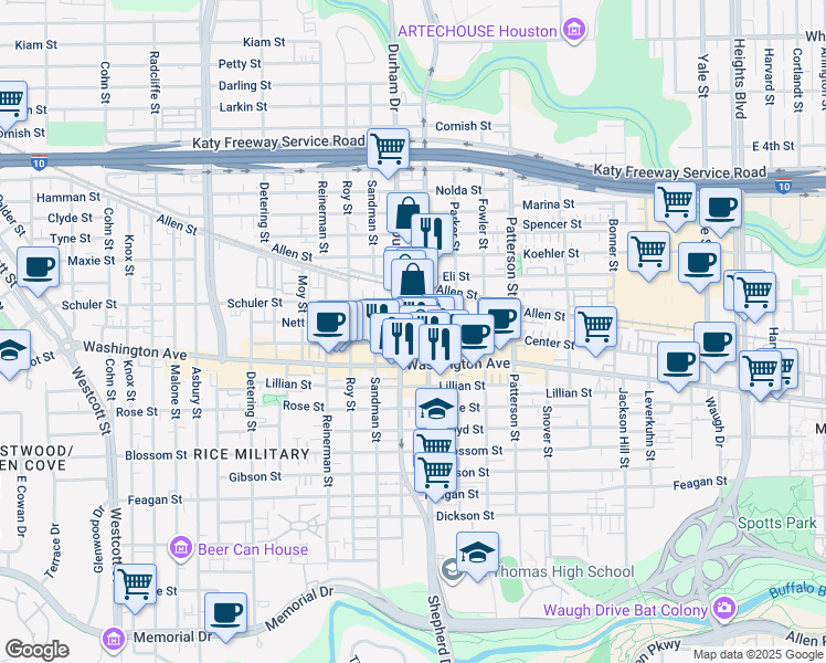 map of restaurants, bars, coffee shops, grocery stores, and more near 1200 Durham Drive in Houston