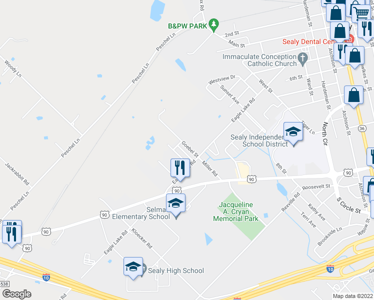 map of restaurants, bars, coffee shops, grocery stores, and more near 1007 Gunnison Street in Sealy