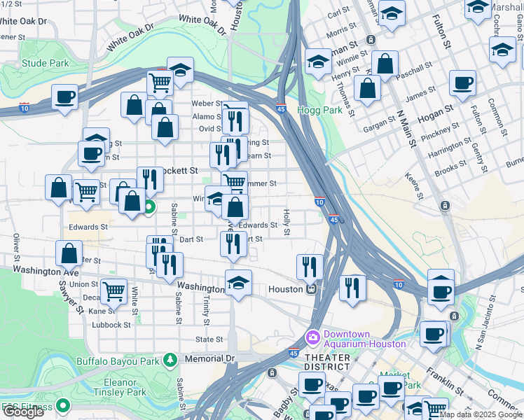 map of restaurants, bars, coffee shops, grocery stores, and more near 1220 Bingham Street in Houston