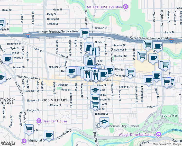 map of restaurants, bars, coffee shops, grocery stores, and more near 1200 Durham Drive in Houston