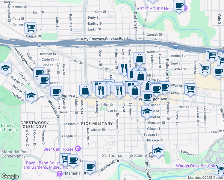 map of restaurants, bars, coffee shops, grocery stores, and more near 5200 Nett Street in Houston