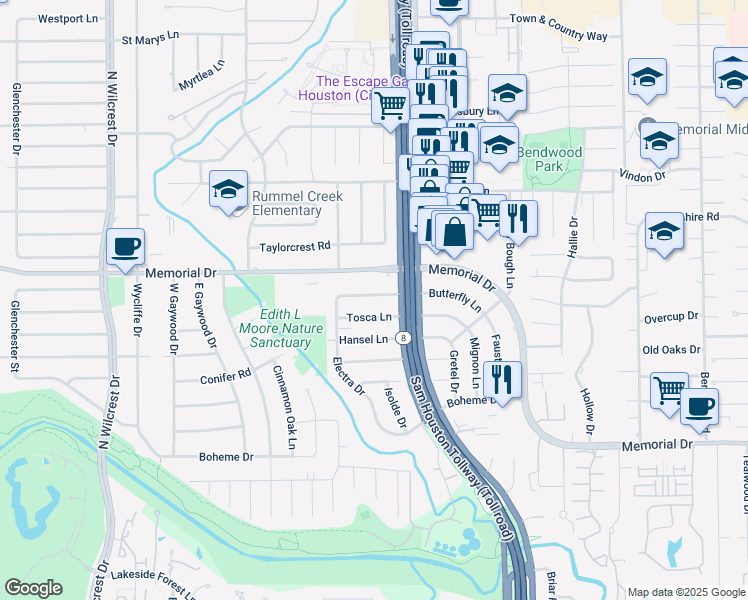 map of restaurants, bars, coffee shops, grocery stores, and more near 12930 Butterfly Lane in Houston