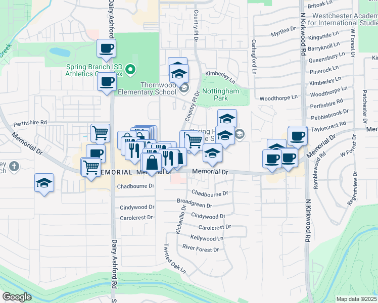 map of restaurants, bars, coffee shops, grocery stores, and more near 714 Country Place Drive in Houston