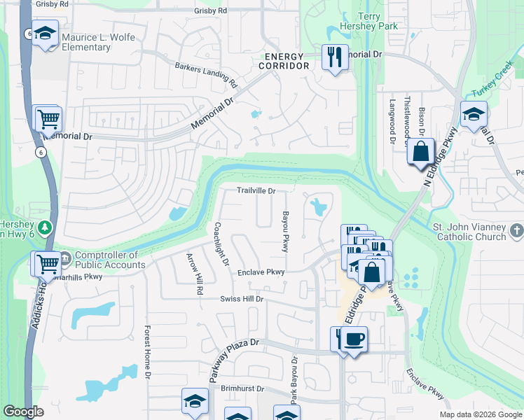 map of restaurants, bars, coffee shops, grocery stores, and more near 910 Ivy Parkway Drive in Houston
