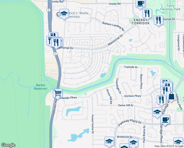 map of restaurants, bars, coffee shops, grocery stores, and more near 919 Daria Drive in Houston