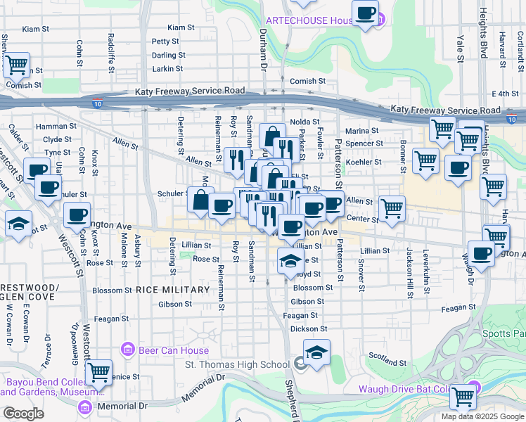 map of restaurants, bars, coffee shops, grocery stores, and more near 1111 Durham Drive in Houston
