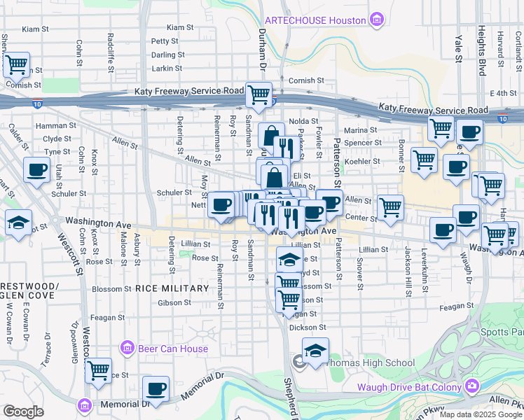 map of restaurants, bars, coffee shops, grocery stores, and more near 1200 Durham Drive in Houston