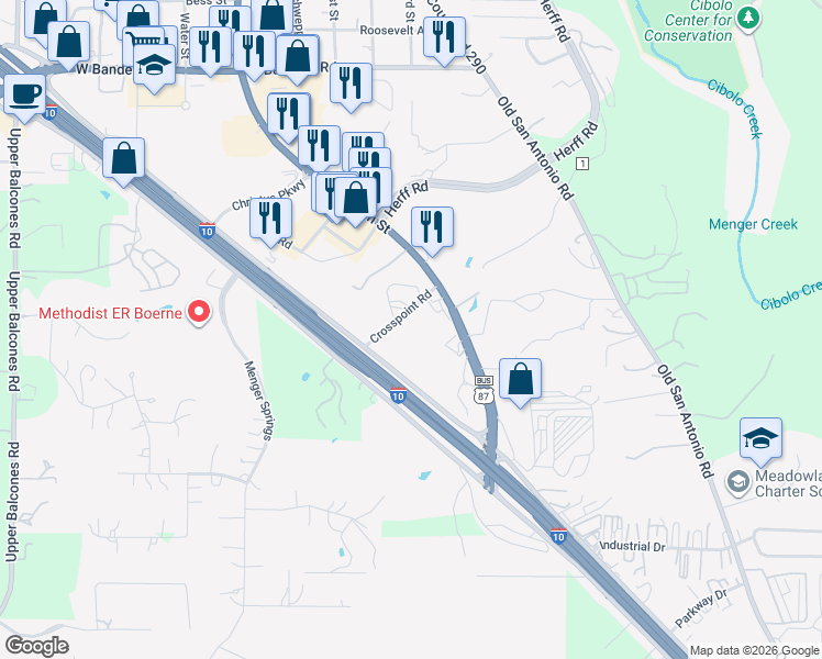 map of restaurants, bars, coffee shops, grocery stores, and more near 125 Crosspoint Road in Boerne