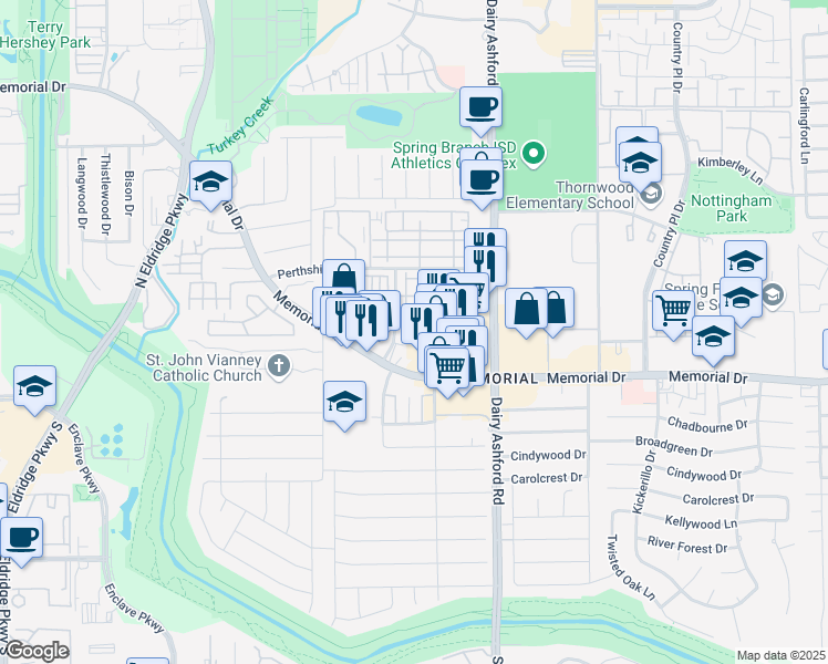 map of restaurants, bars, coffee shops, grocery stores, and more near 700 Thicket Lane in Houston