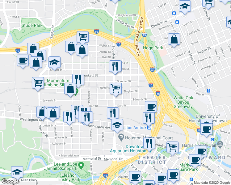 map of restaurants, bars, coffee shops, grocery stores, and more near 1418 Bingham Street in Houston
