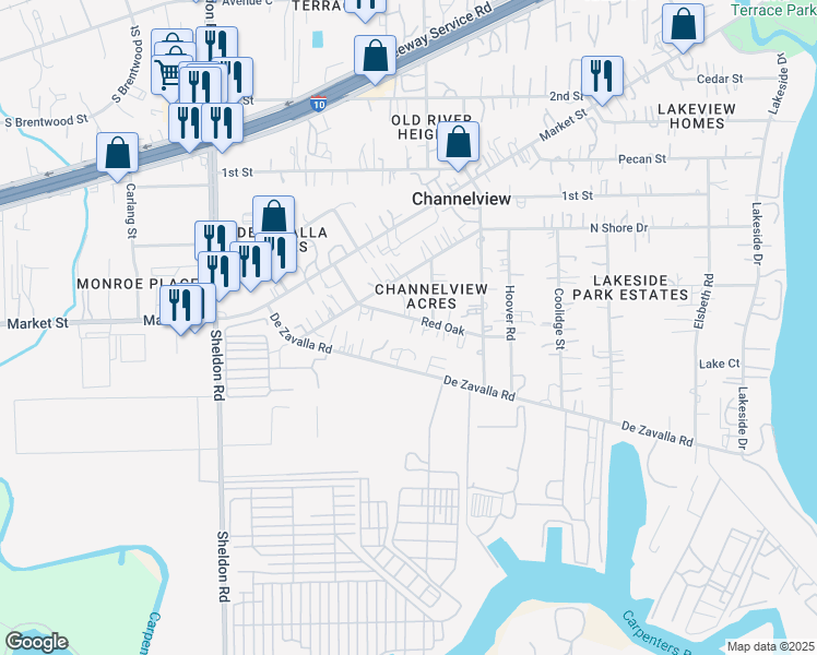 map of restaurants, bars, coffee shops, grocery stores, and more near 16024 Red Oak in Channelview