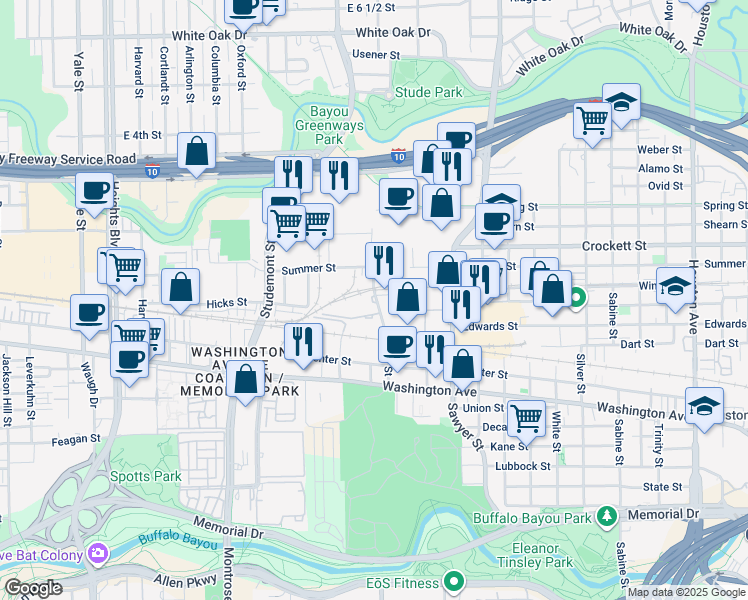 map of restaurants, bars, coffee shops, grocery stores, and more near 1505 Oliver Street in Houston