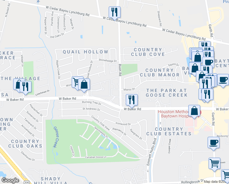 map of restaurants, bars, coffee shops, grocery stores, and more near 15 Bush Road in Baytown