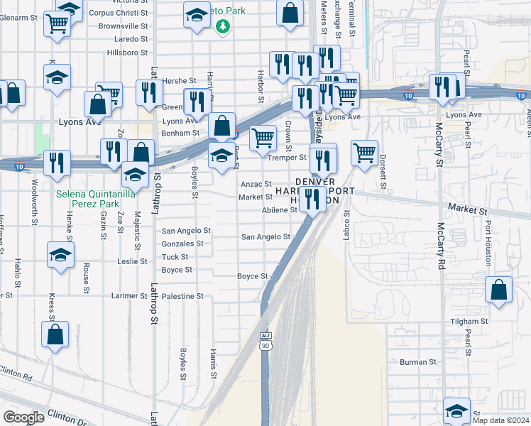 map of restaurants, bars, coffee shops, grocery stores, and more near 7331 Abilene Street in Houston