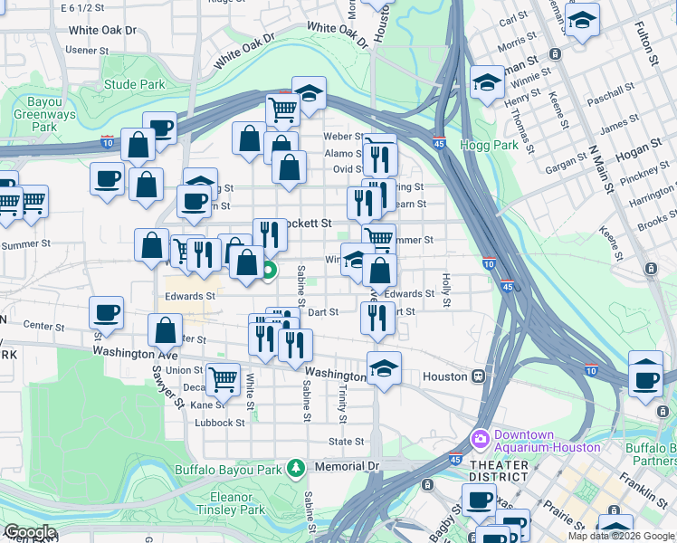 map of restaurants, bars, coffee shops, grocery stores, and more near 1514 Colorado Street in Houston