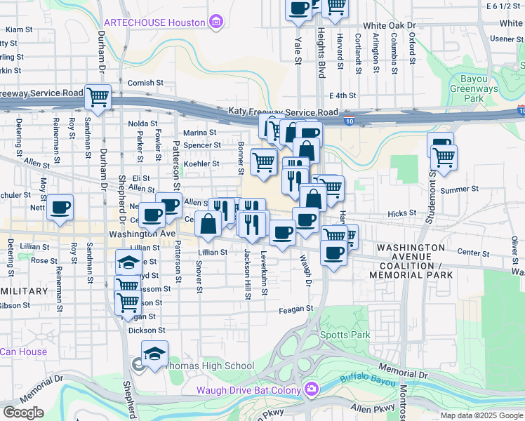map of restaurants, bars, coffee shops, grocery stores, and more near 1156 Bonner Street in Houston