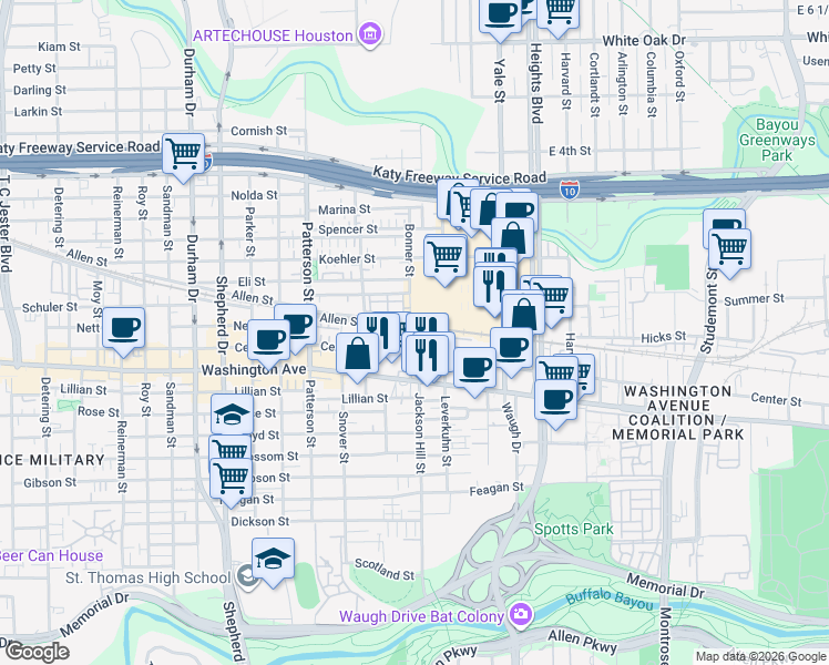 map of restaurants, bars, coffee shops, grocery stores, and more near 1156 Bonner Street in Houston