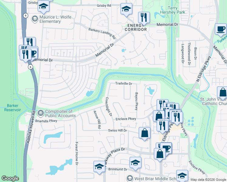 map of restaurants, bars, coffee shops, grocery stores, and more near 13822 Starhill Court in Houston