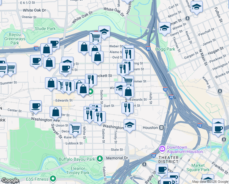 map of restaurants, bars, coffee shops, grocery stores, and more near 1514 Colorado Street in Houston