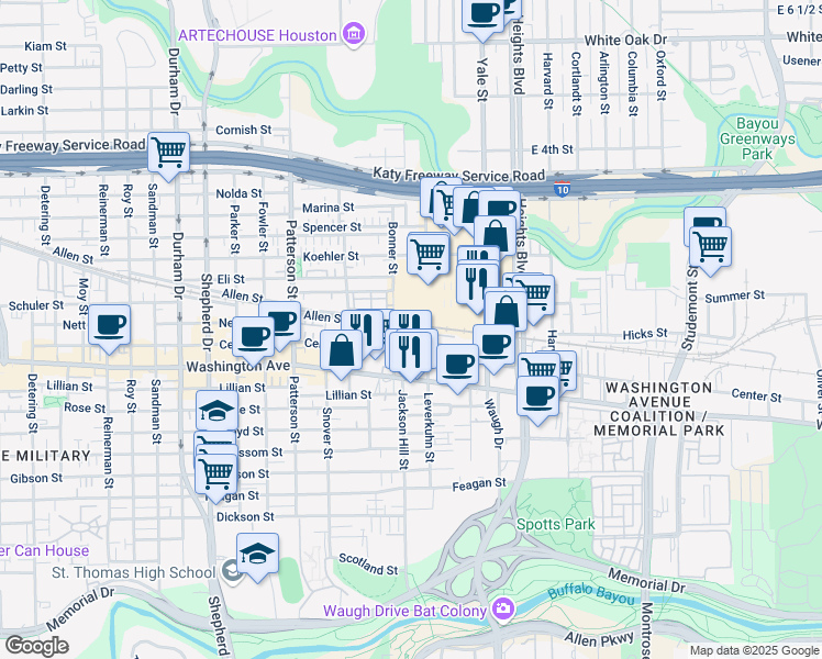 map of restaurants, bars, coffee shops, grocery stores, and more near 1156 Bonner Street in Houston