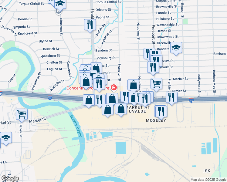 map of restaurants, bars, coffee shops, grocery stores, and more near 13463 East Freeway in Houston