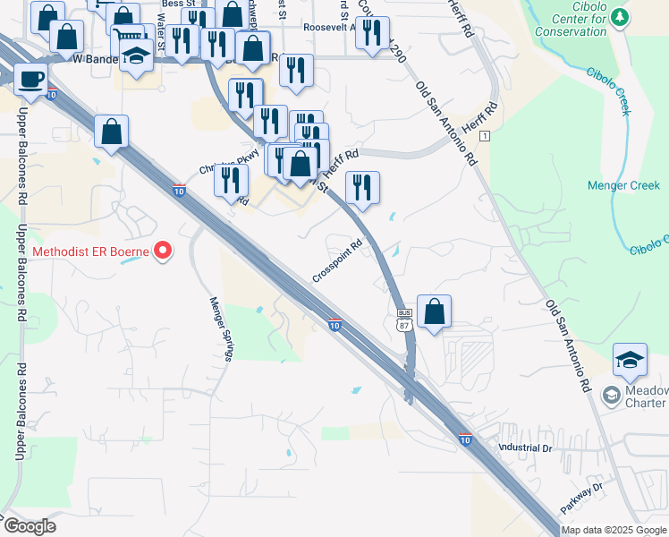 map of restaurants, bars, coffee shops, grocery stores, and more near 5 Crosspoint Road in Boerne