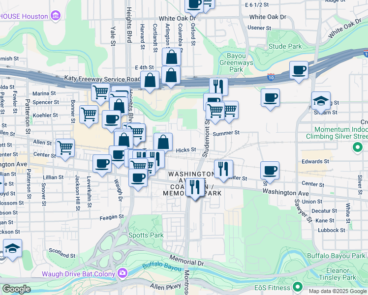 map of restaurants, bars, coffee shops, grocery stores, and more near 104 Hicks Street in Houston