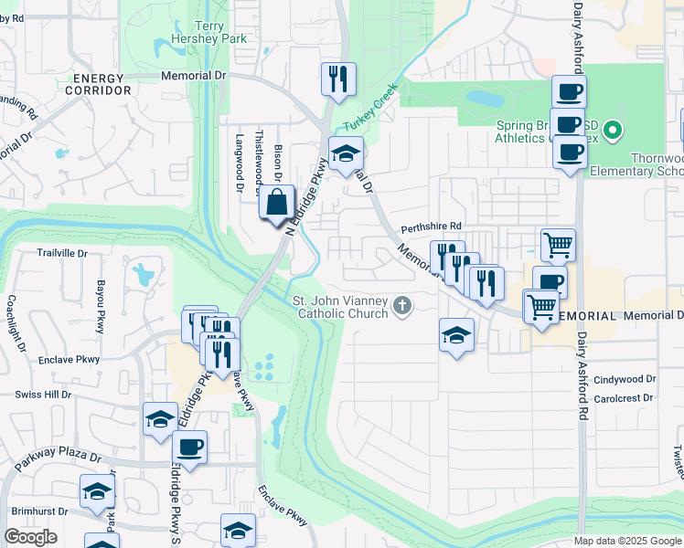 map of restaurants, bars, coffee shops, grocery stores, and more near 14855 Memorial Drive in Houston