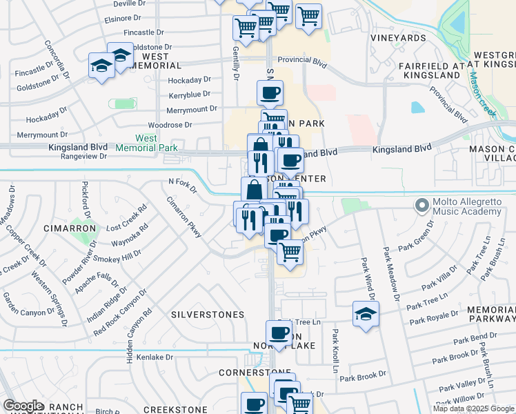 map of restaurants, bars, coffee shops, grocery stores, and more near 810 Mason Road in Katy
