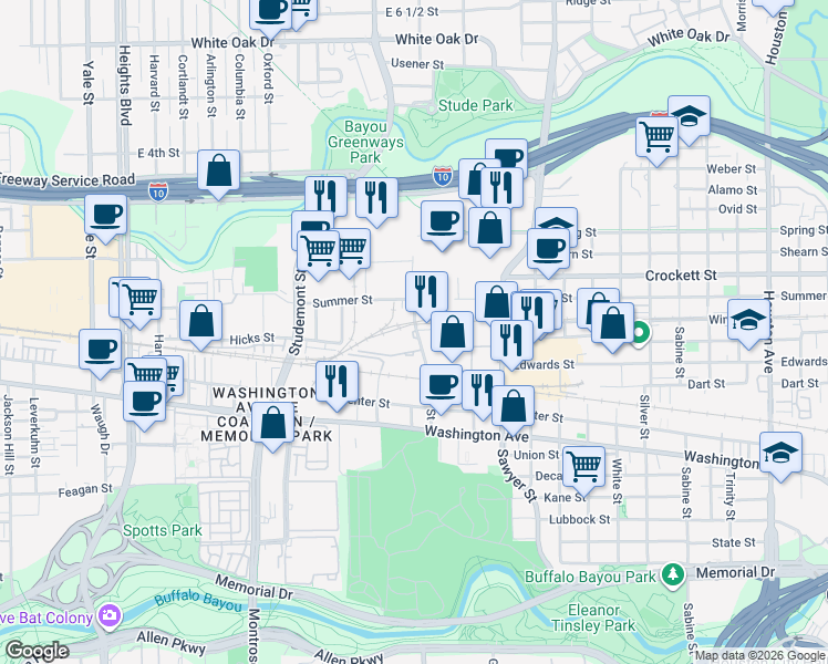 map of restaurants, bars, coffee shops, grocery stores, and more near 1505 Oliver Street in Houston
