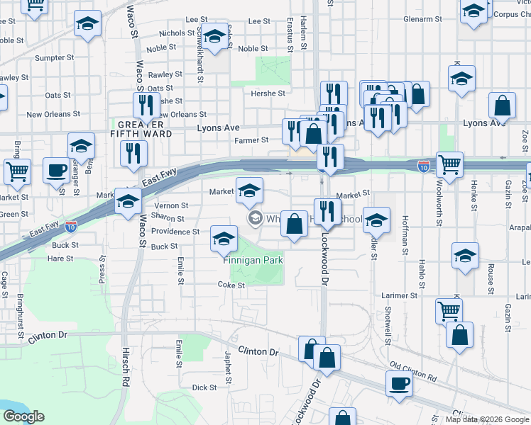 map of restaurants, bars, coffee shops, grocery stores, and more near 5206 San Juan St in Houston