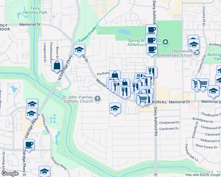 map of restaurants, bars, coffee shops, grocery stores, and more near 14795 Memorial Drive in Houston