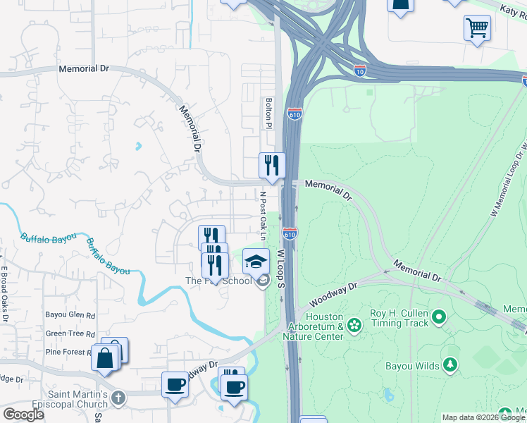 map of restaurants, bars, coffee shops, grocery stores, and more near 283 North Post Oak Lane in Houston