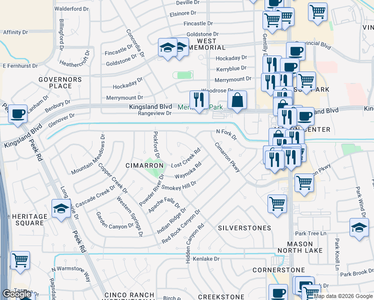 map of restaurants, bars, coffee shops, grocery stores, and more near 839 Sundance Valley Drive in Katy