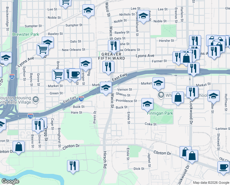 map of restaurants, bars, coffee shops, grocery stores, and more near 1209 Waco Street in Houston
