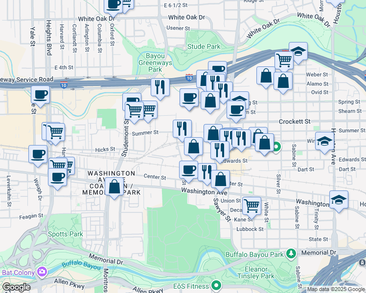 map of restaurants, bars, coffee shops, grocery stores, and more near 1500 Oliver Street in Houston