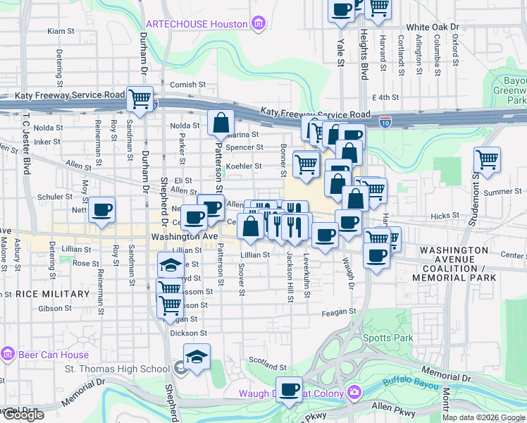 map of restaurants, bars, coffee shops, grocery stores, and more near 4115 Allen Street in Houston