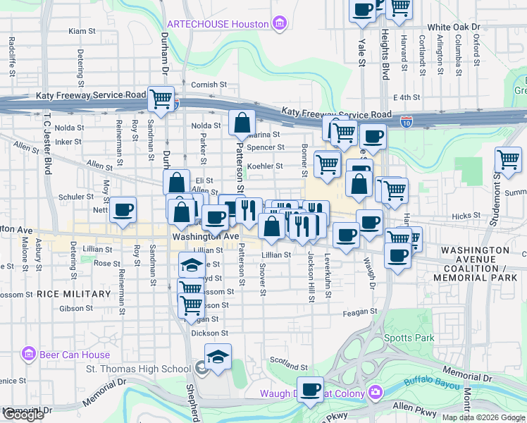 map of restaurants, bars, coffee shops, grocery stores, and more near 4311 Allen Street in Houston