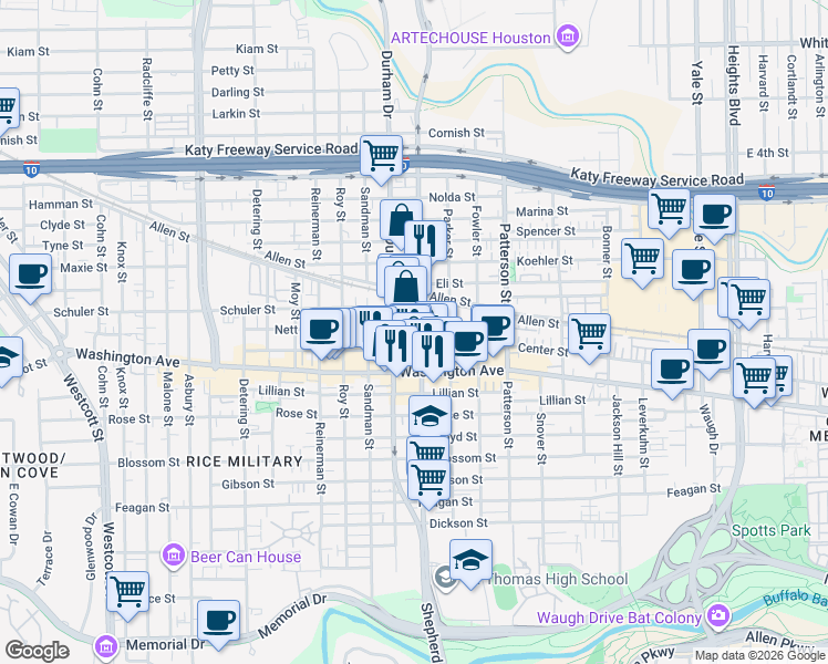 map of restaurants, bars, coffee shops, grocery stores, and more near 1200 Durham Drive in Houston
